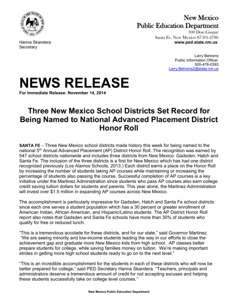 Three New Mexico School Districts Set Record for Being Named to