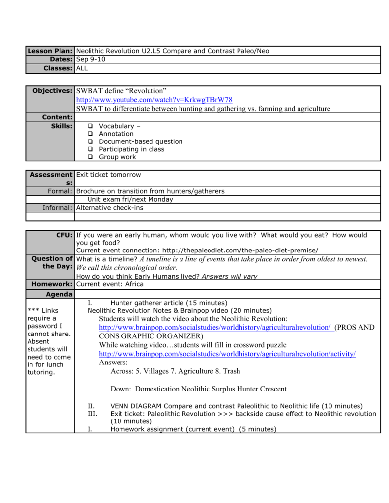 Lesson Plan Neolithic Revolution U2 L5 Compare And Contrast