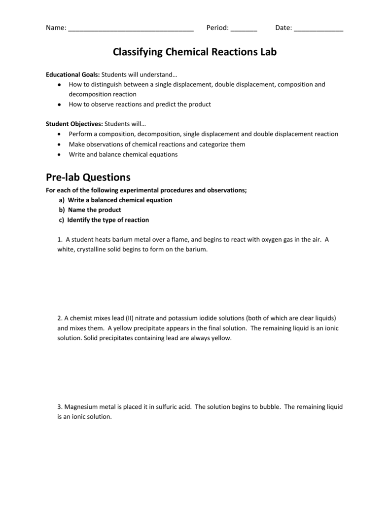 Classifying Chemical Reactions Lab For Classifying Chemical Reactions Worksheet Answers