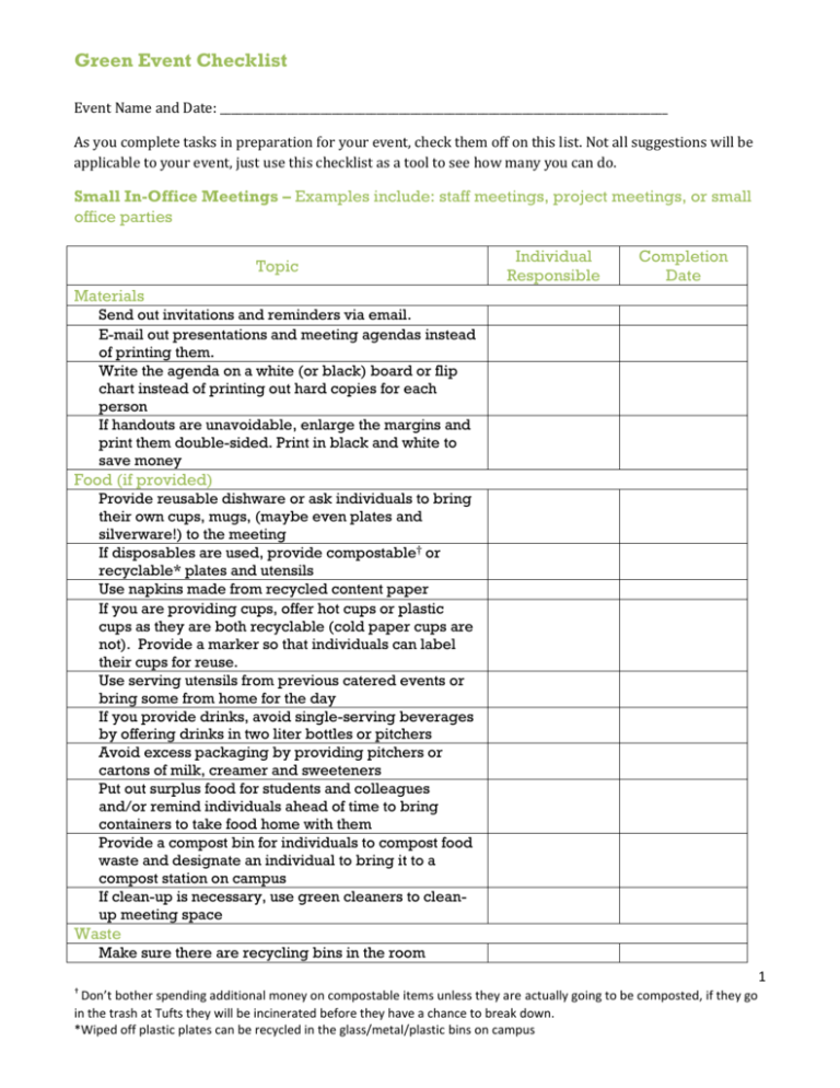 Green Event Checklist Office Of Sustainability