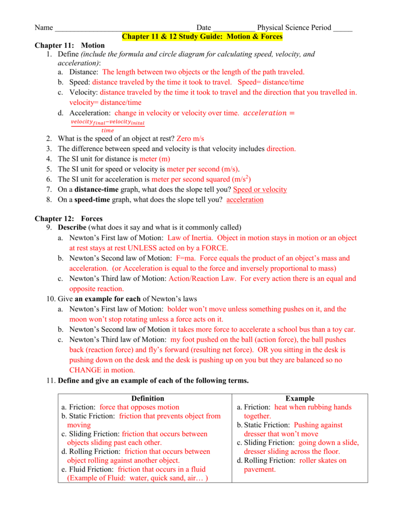 Unit 20 Motion and Forces Study Guide with Answers In Force And Motion Worksheet Answers