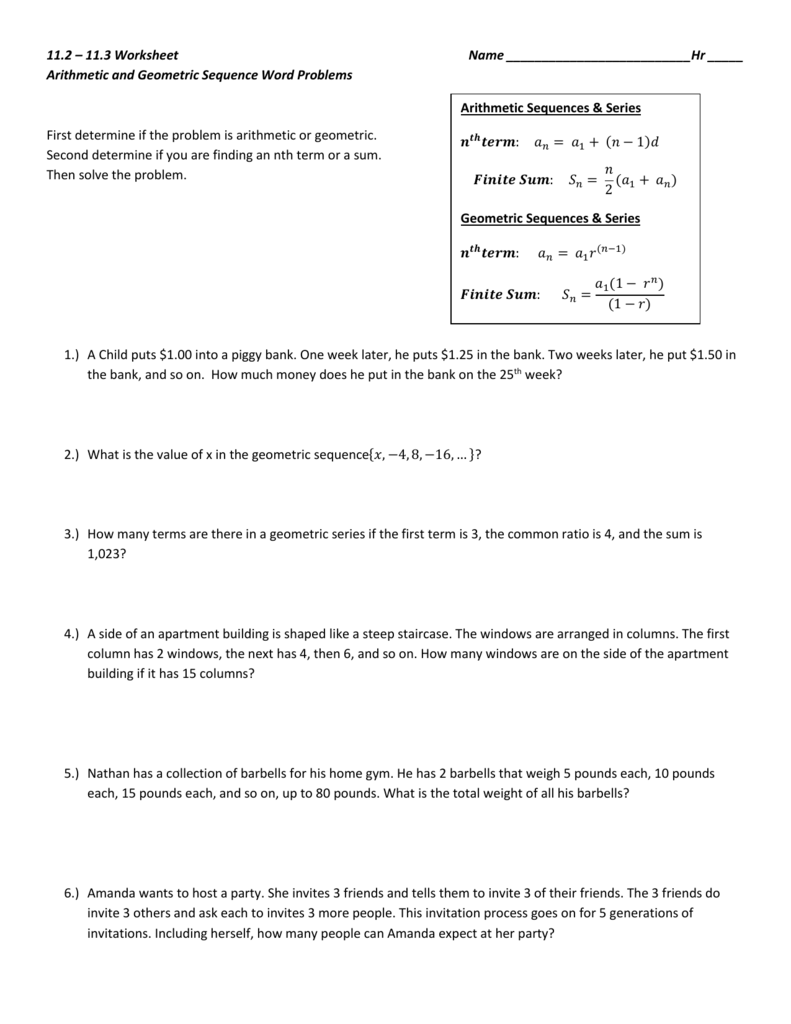 Word_Problem_Worksheet[11] Throughout Geometric And Arithmetic Sequence Worksheet