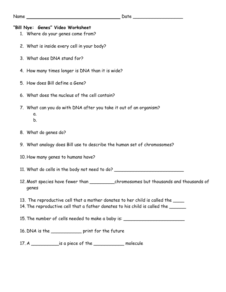 Bill Nye Genes Worksheet - Shefalitayal For Bill Nye Motion Worksheet