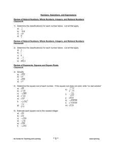 Numbers, Operations and Expressions Algebra 1 Classwork