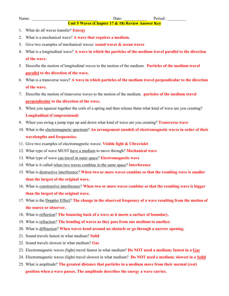 Name: Date: ______ Period: ______ Unit 22 Waves (Chapter 22 & 22 Intended For Waves Review Worksheet Answer Key