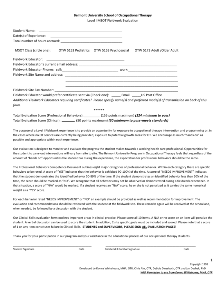 MSOT Level I Fieldwork Evaluation