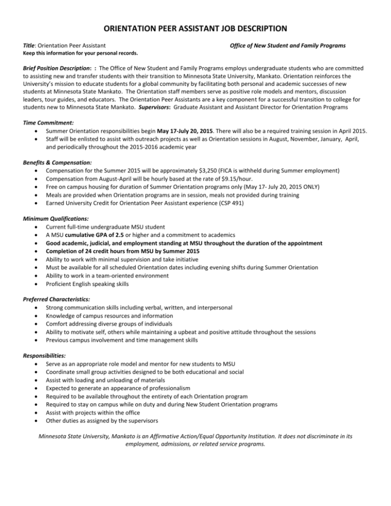 Orientation Peer Assistant Job Description