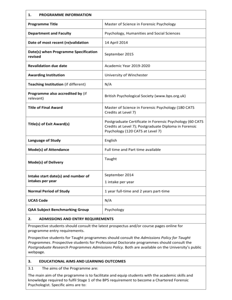 Forensic Psychology MSc - University of Winchester