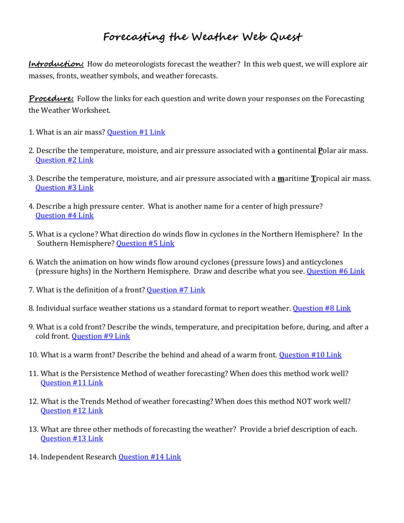 Forecasting The Weather Web Quest