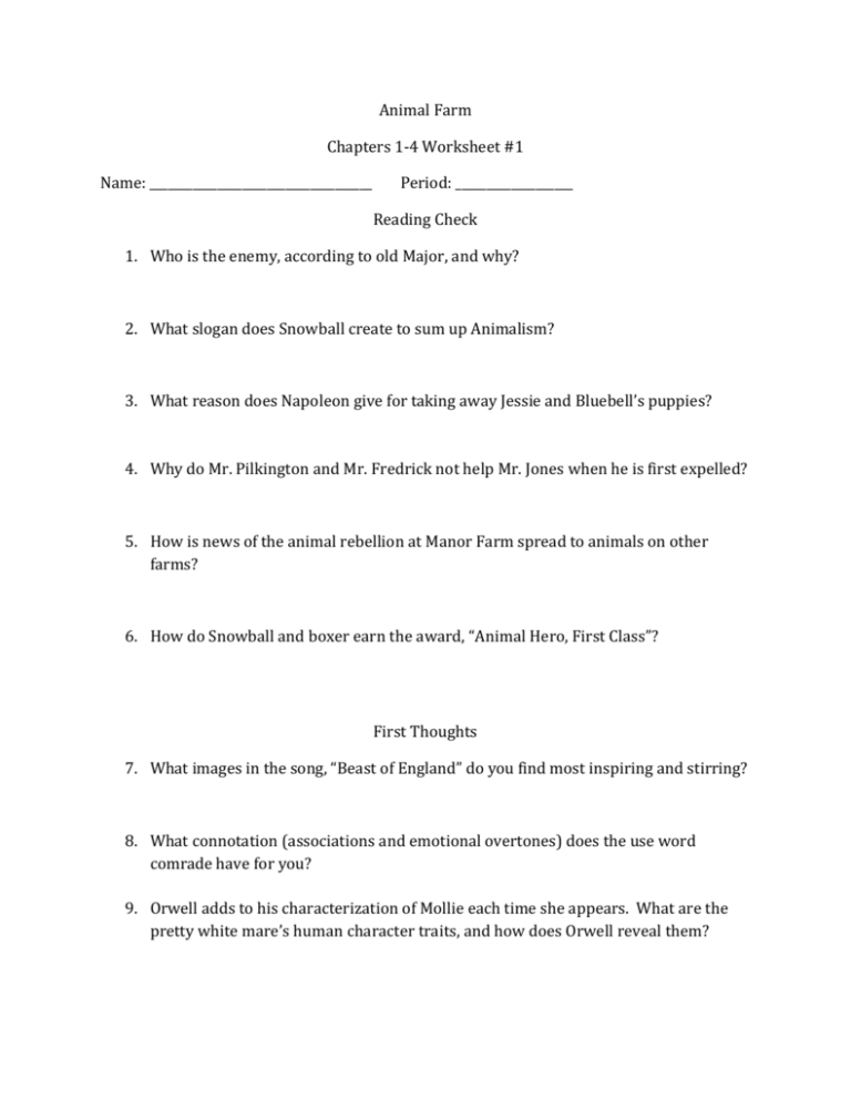 Animal Farm Chapters 1 4 Worksheet 1 Name Period Reading