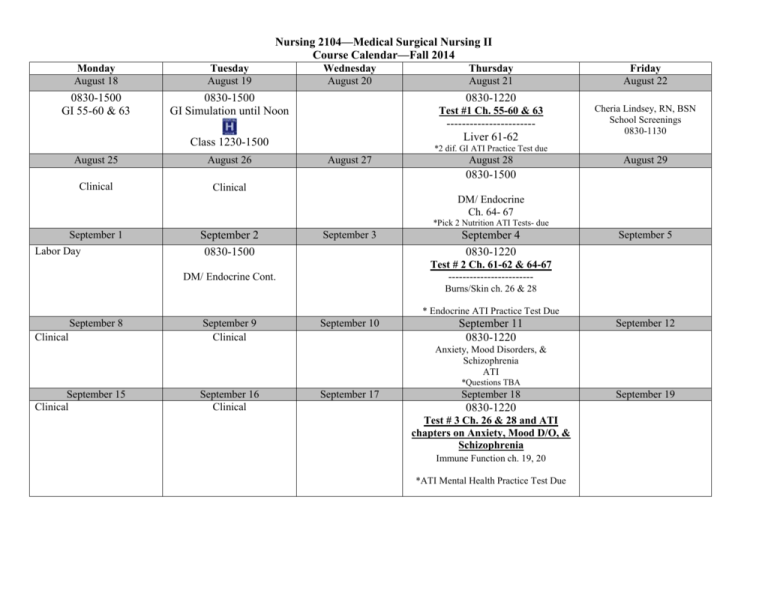 Course Calendar—Fall 2014 Portal