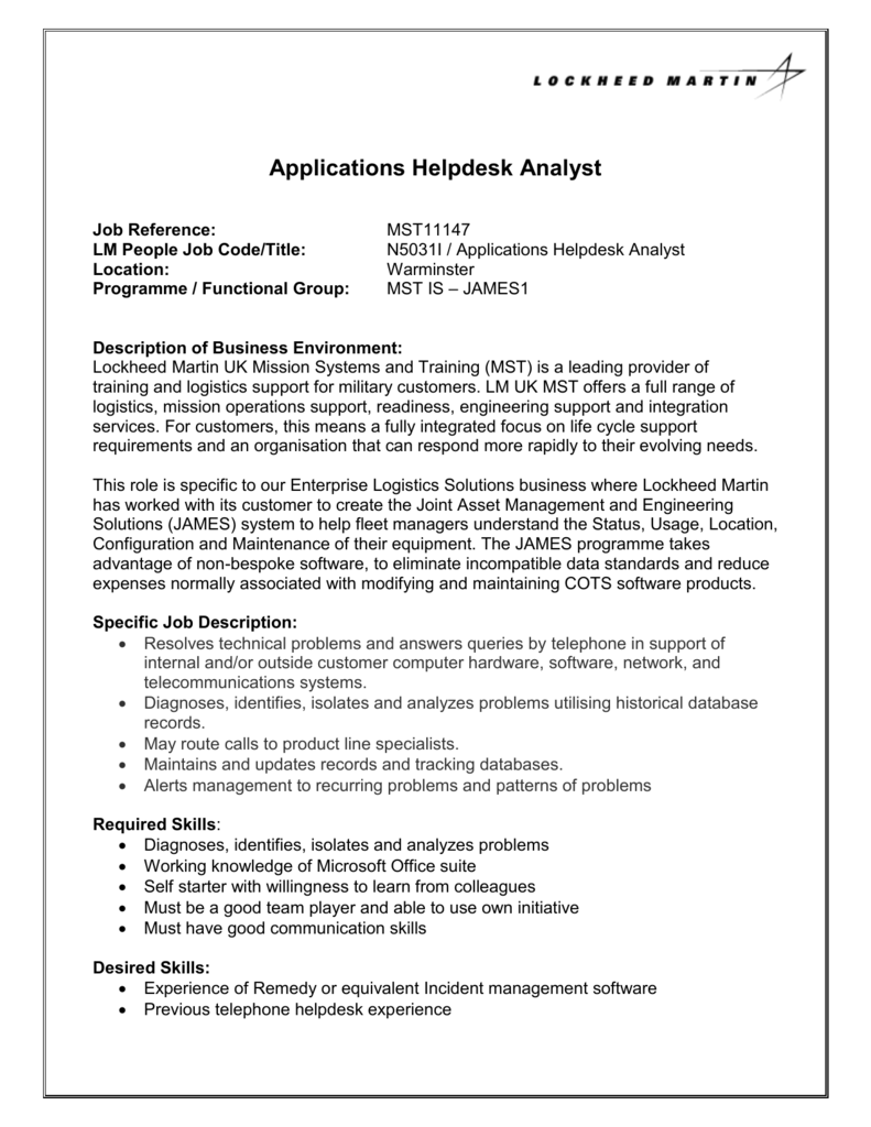Applications Analyst Job Description Remar