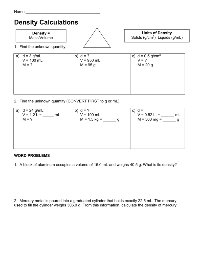 Density Calculations Worksheet Key