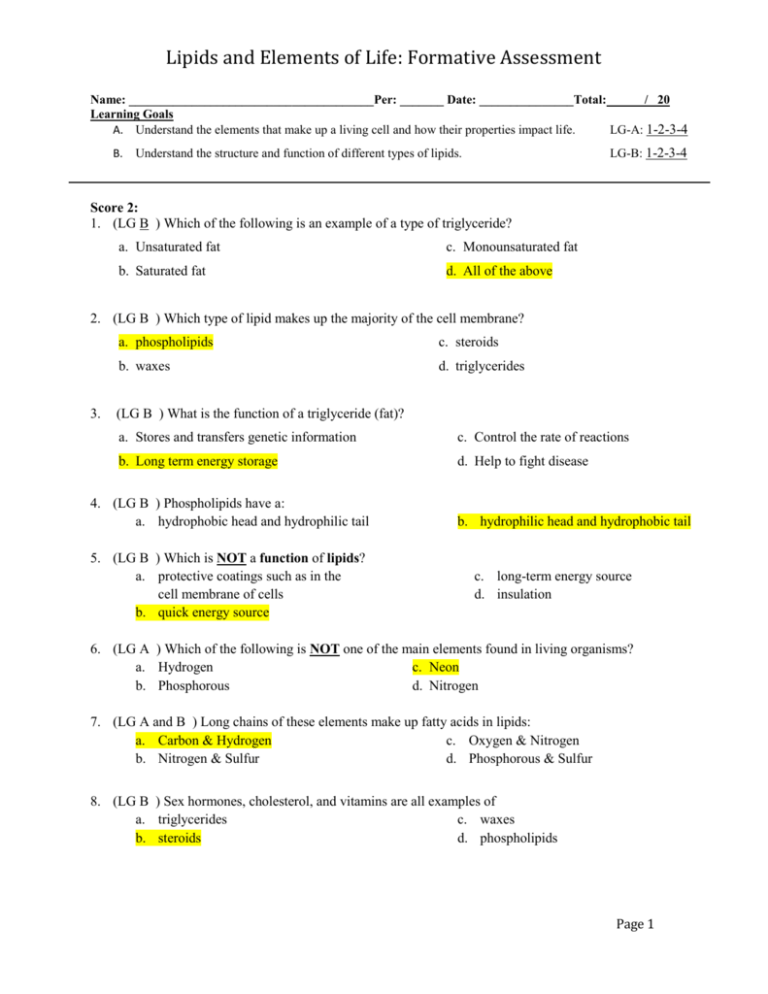 Practice Quiz On Lipids Answer Key