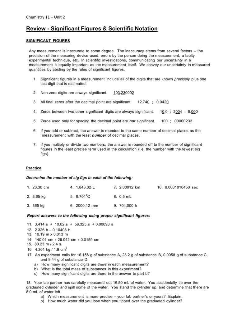 Scientific Notation Sig Figs Worksheet