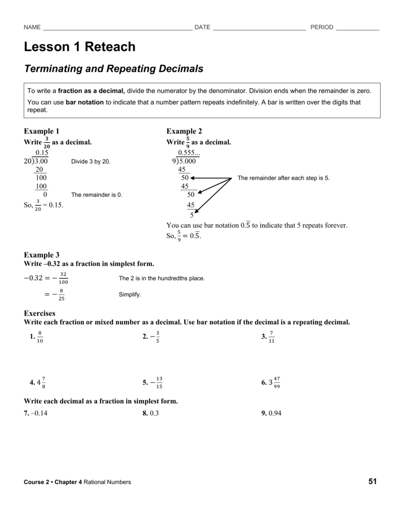 Reteach Worksheet In Repeating Decimal To Fraction Worksheet