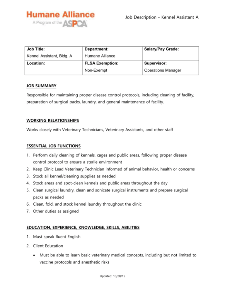 Kennel and cattery assistant job description