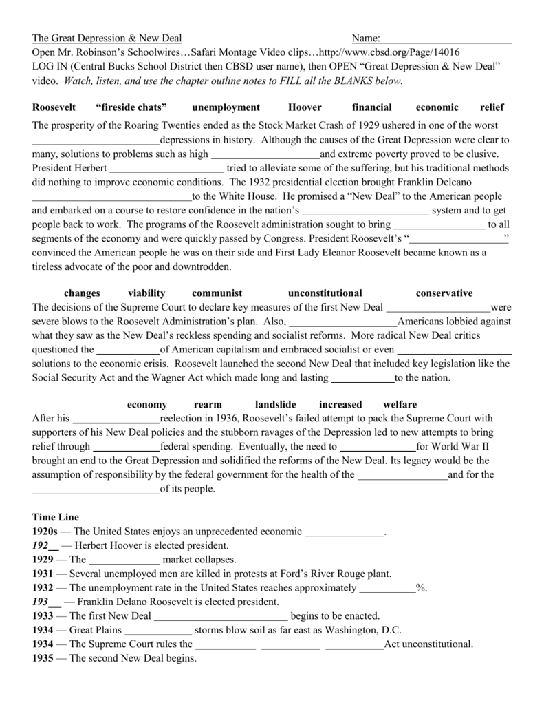 Great Depression and New Deal video worksheet #11 With The Great Depression Worksheet