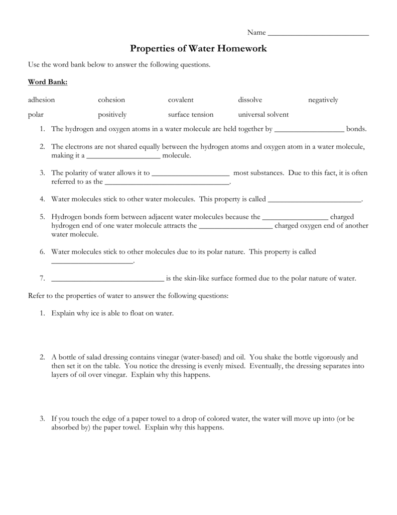 Properties Of Water Worksheet Biology