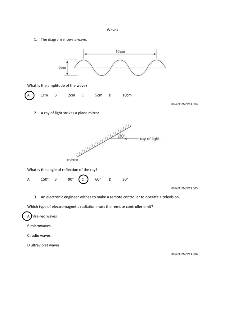 Past Paper Questions Waves Answers