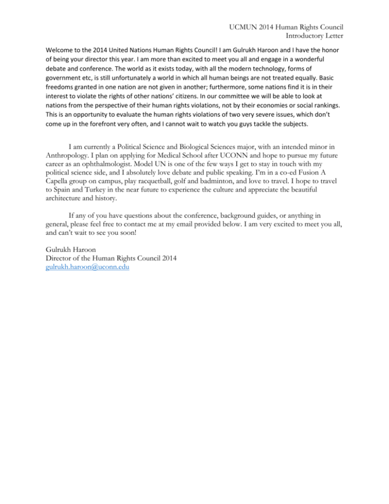 Human Rights Letters UCMUN 2014 Human Rights Council Introductory Letter UCMUN