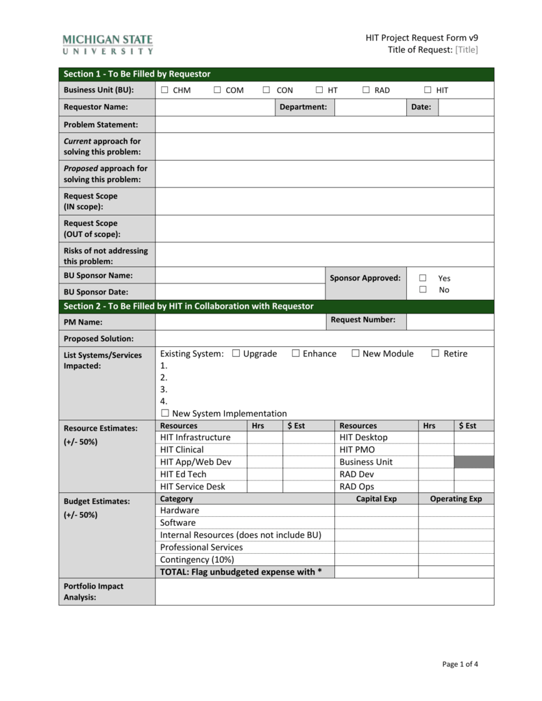 Free Project Request Form Template