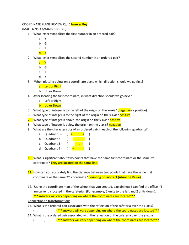 COORDINATE PLANE REVIEW QUIZ Answer Key