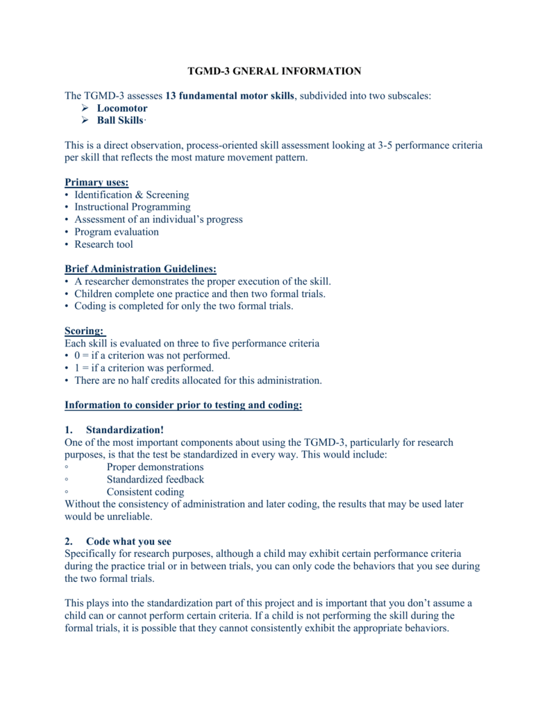 Test Of Gross Motor Development TGMD 3 