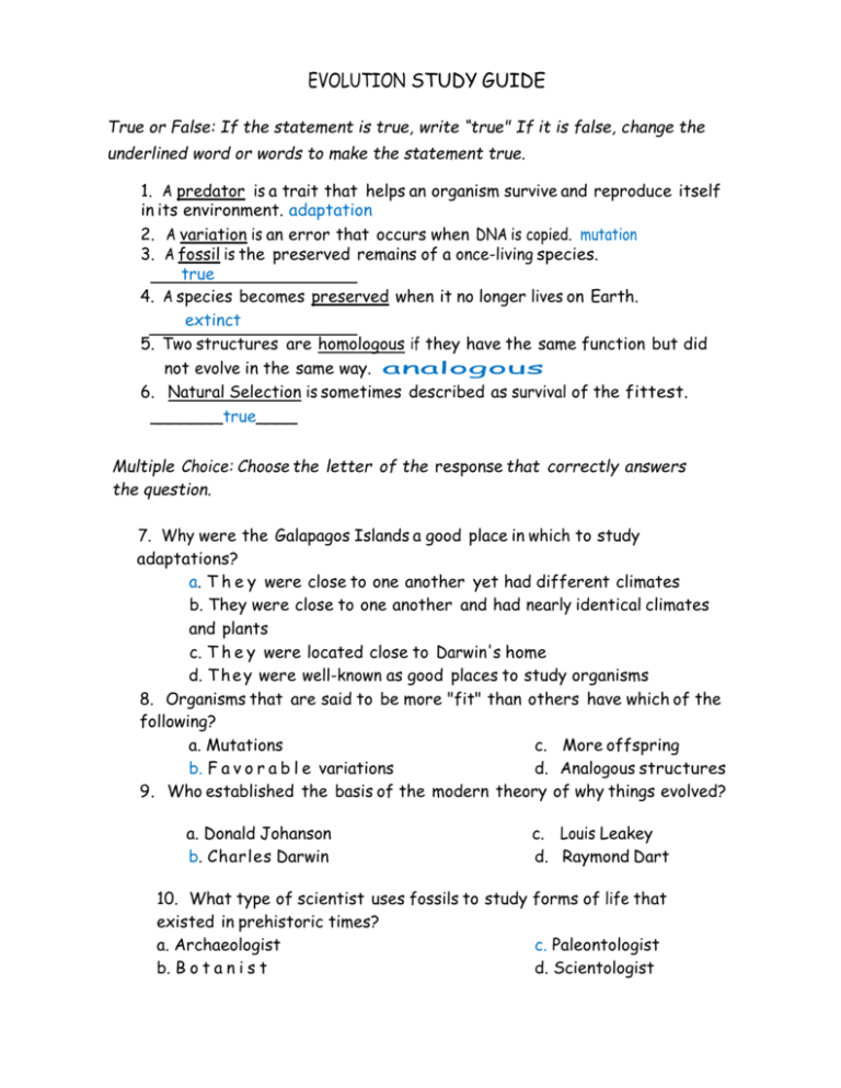 Evolution Study Guide Evolution Study Guide