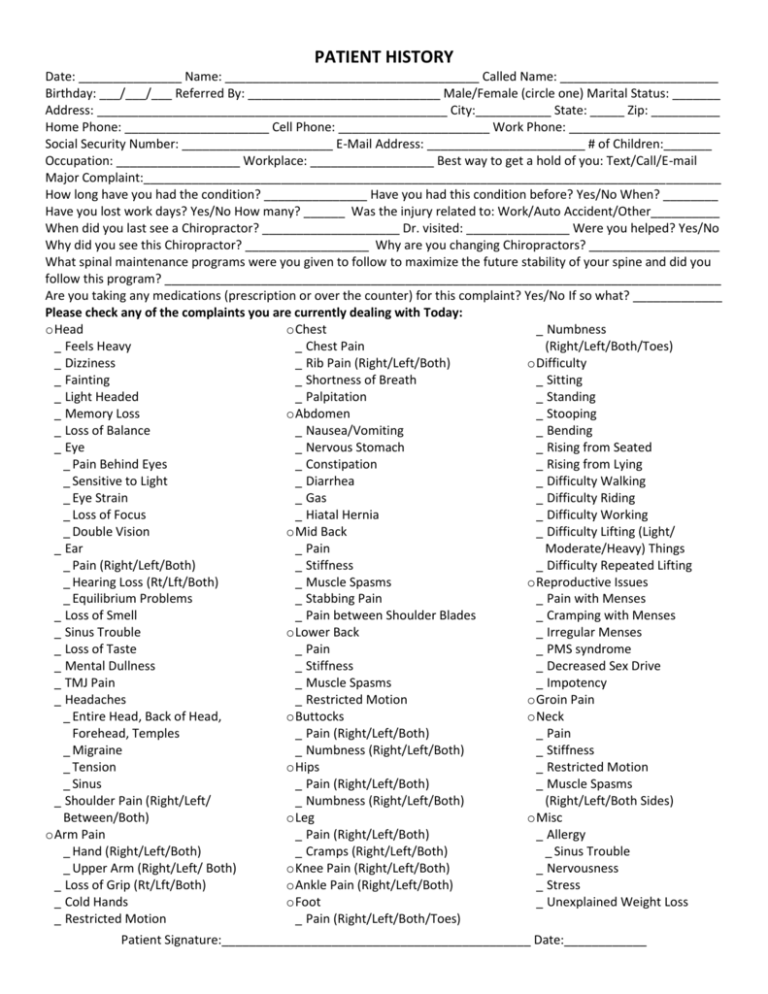 New Patient History Paperwork