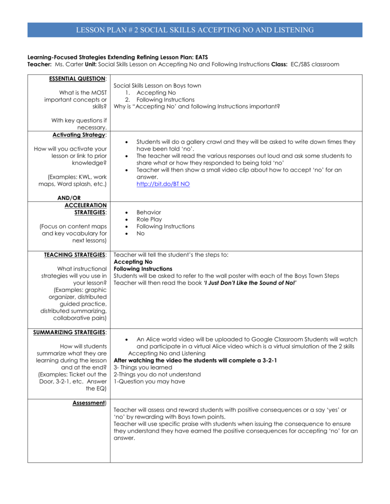 LESSON PLAN 2 SOCIAL SKILLS ACCEPTING NO AND LISTENING