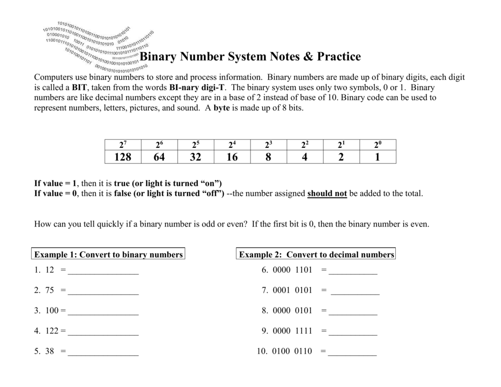 Binary Number System Worksheet More Practice