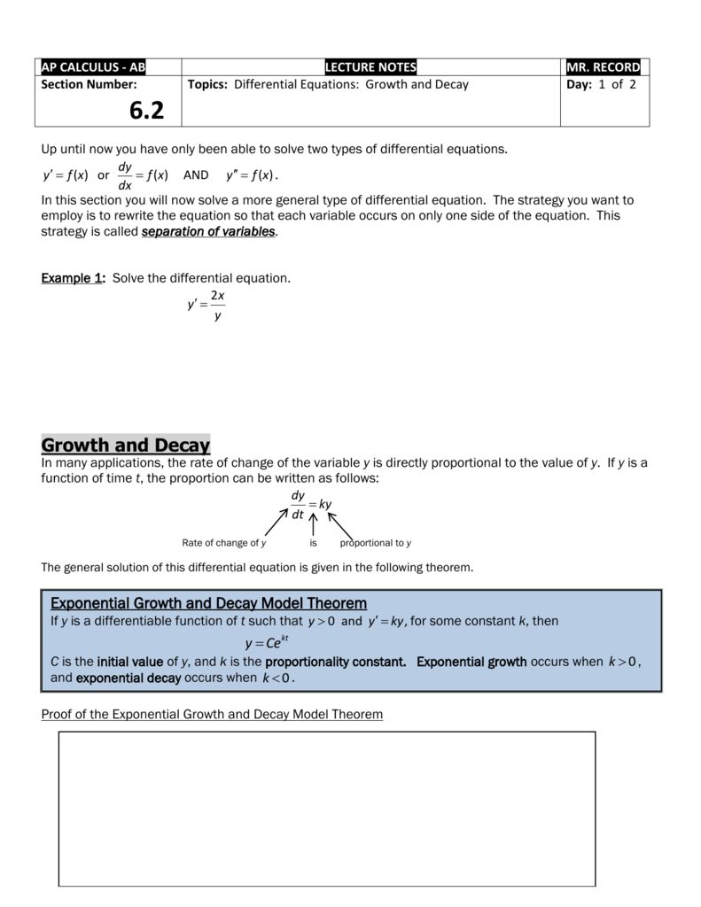 233.23: Differential Equations: Growth and Decay Within Growth And Decay Worksheet