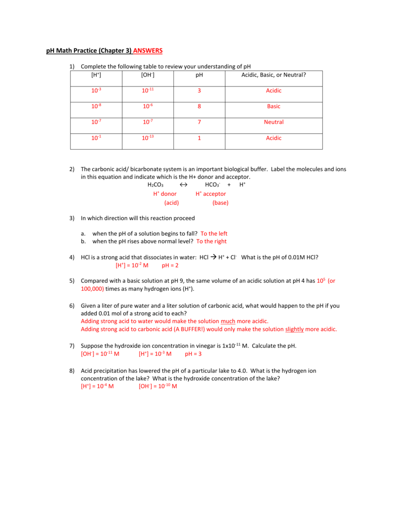 pH Math Practice (Chapter 25) ANSWERS Complete the following Pertaining To Ph Worksheet Answer Key