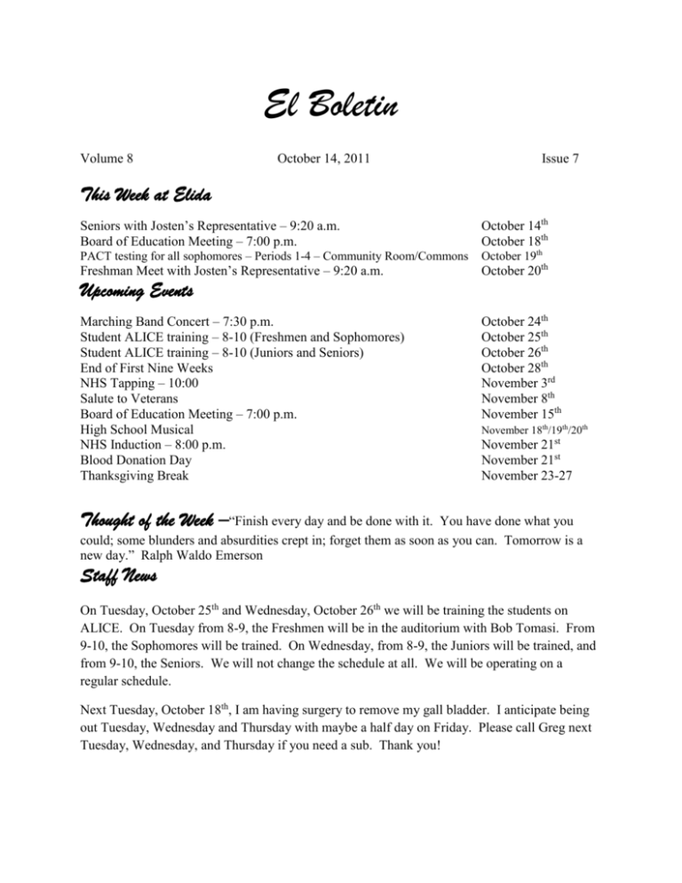 Upcoming Events Elida Local Schools