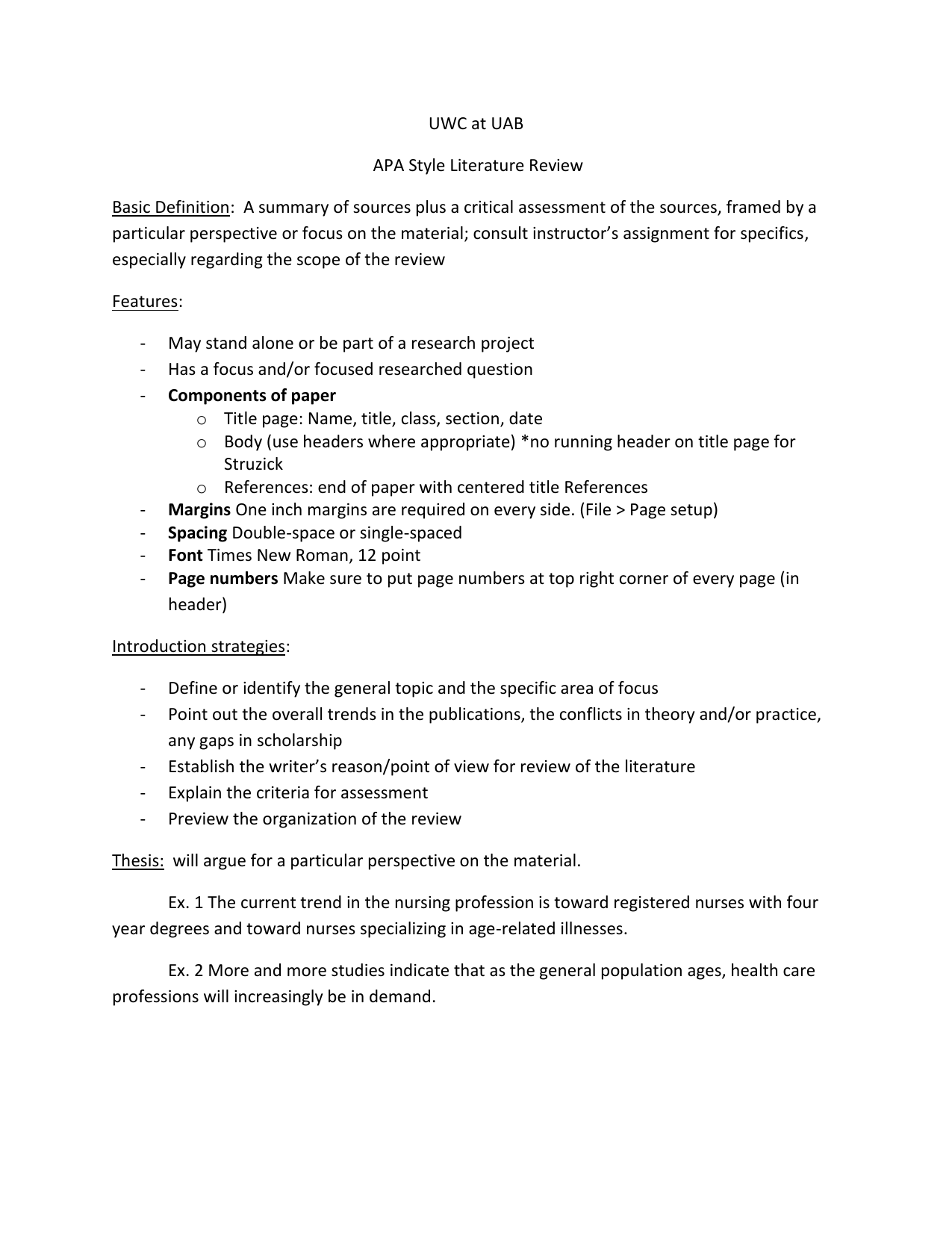 literature review apa format example