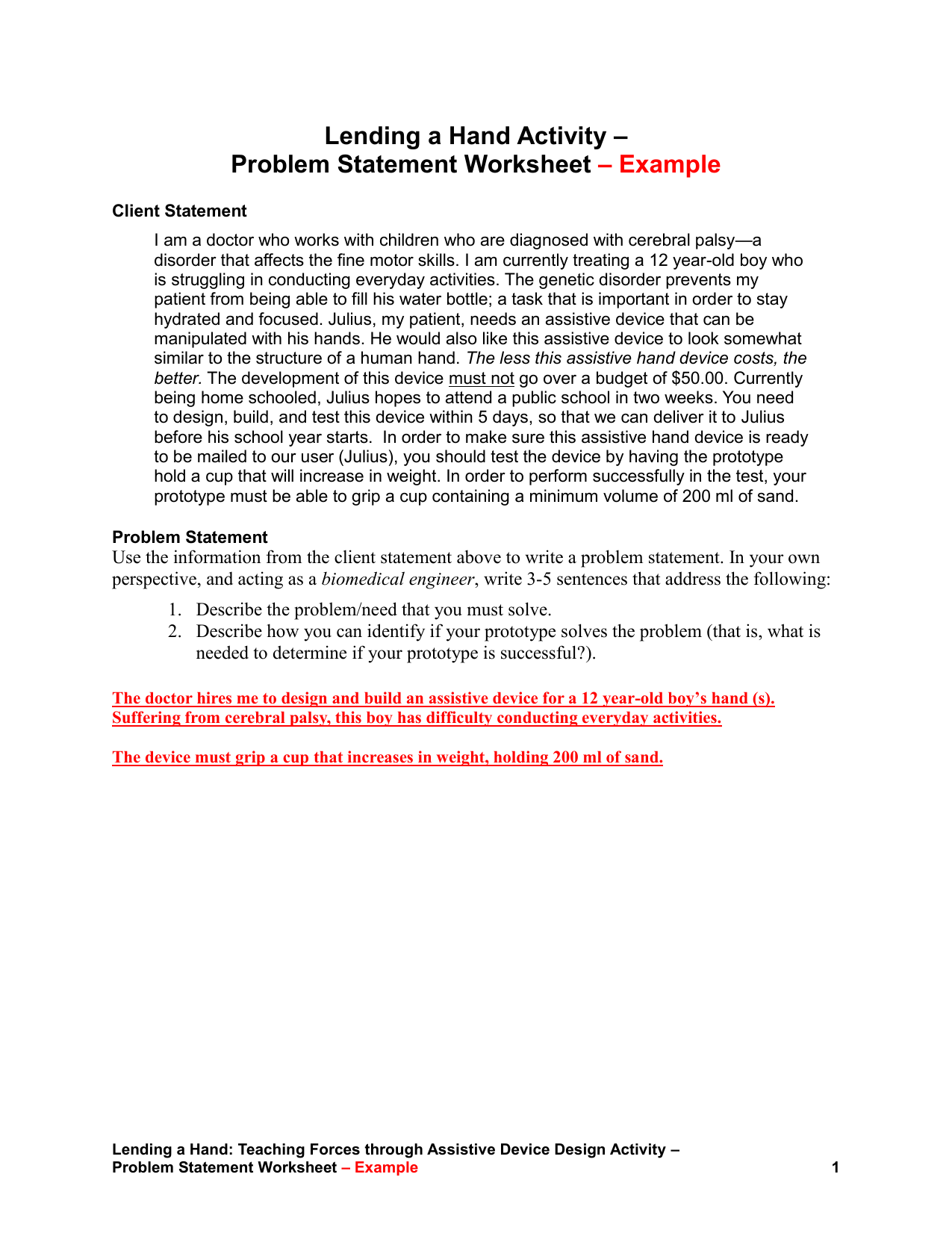 Problem Statement Worksheet – Example