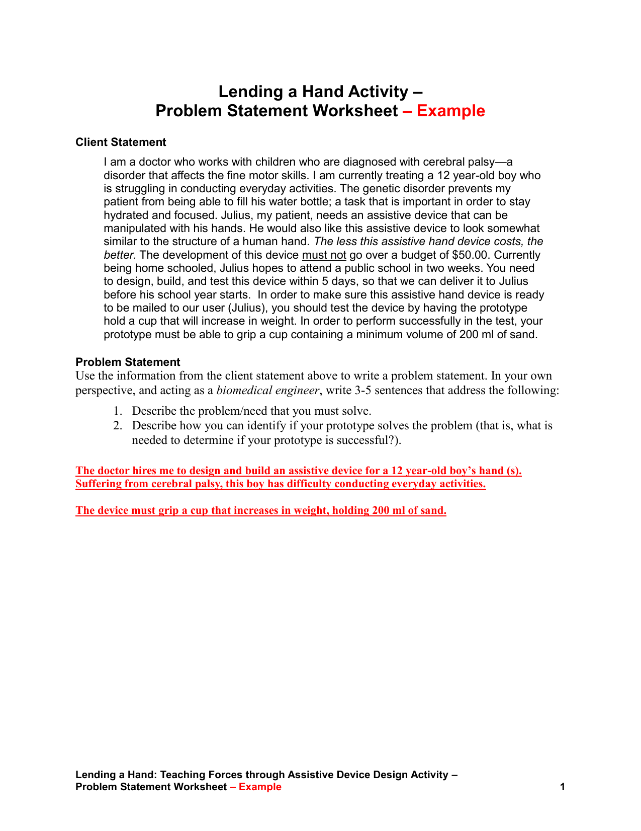 Problem Statement Worksheet Example