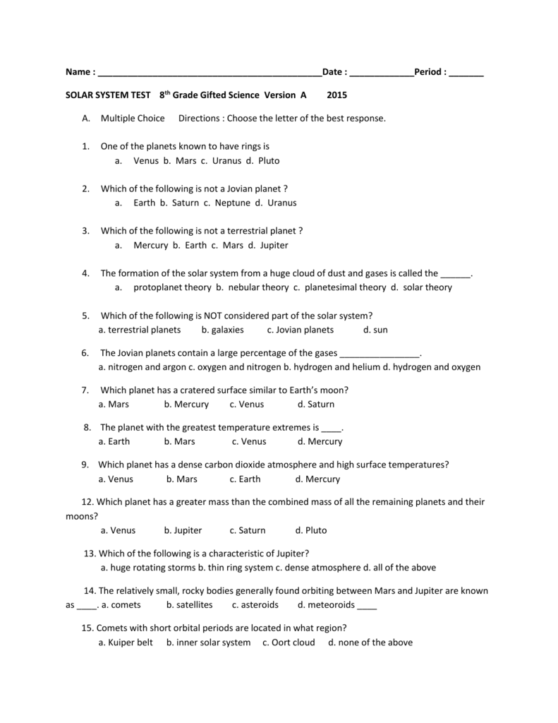 Name Solar System Test 8th Grade Gifted Science