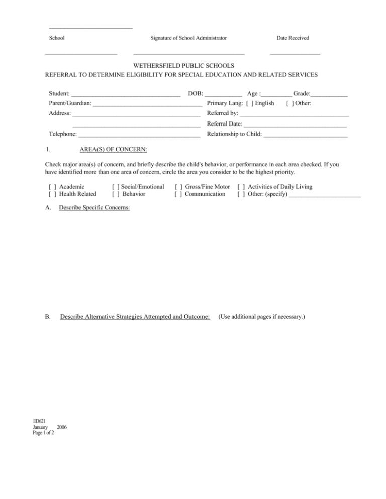 Referral To Determine Eligibility For Special Education Related