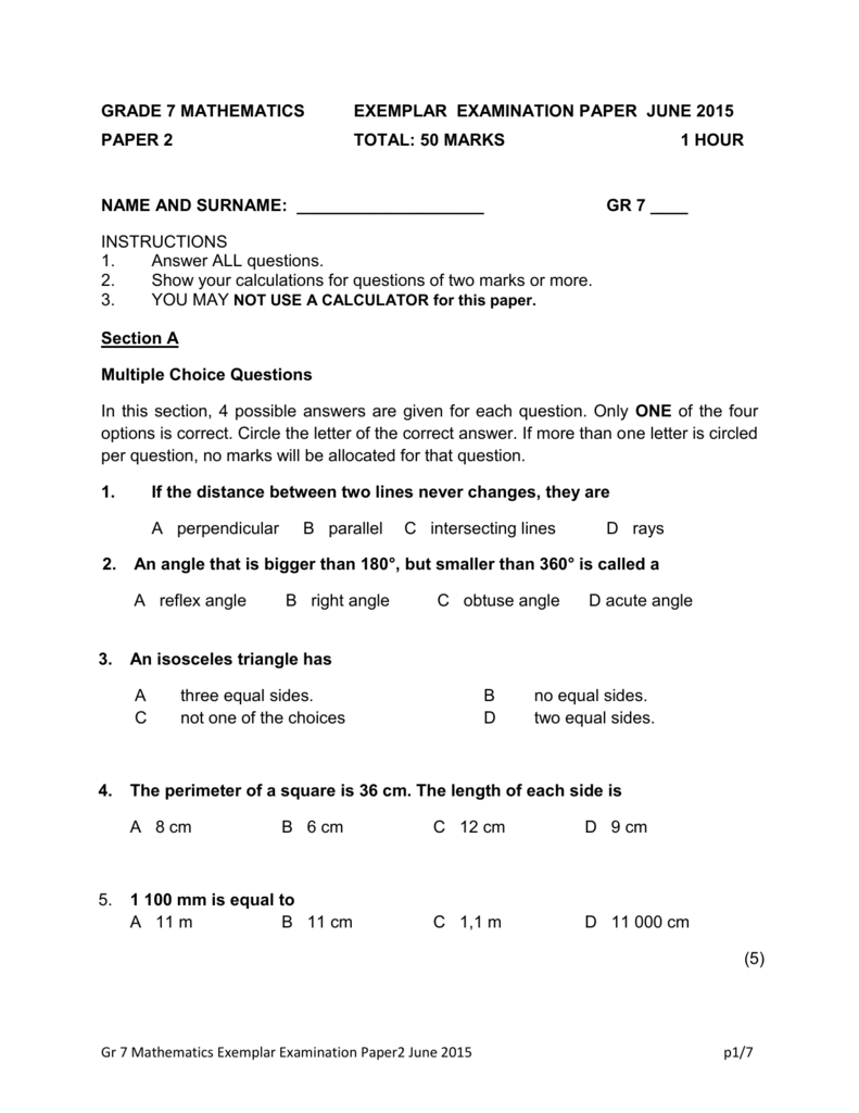 Grade 7 Mathematics Third Term Test Papers