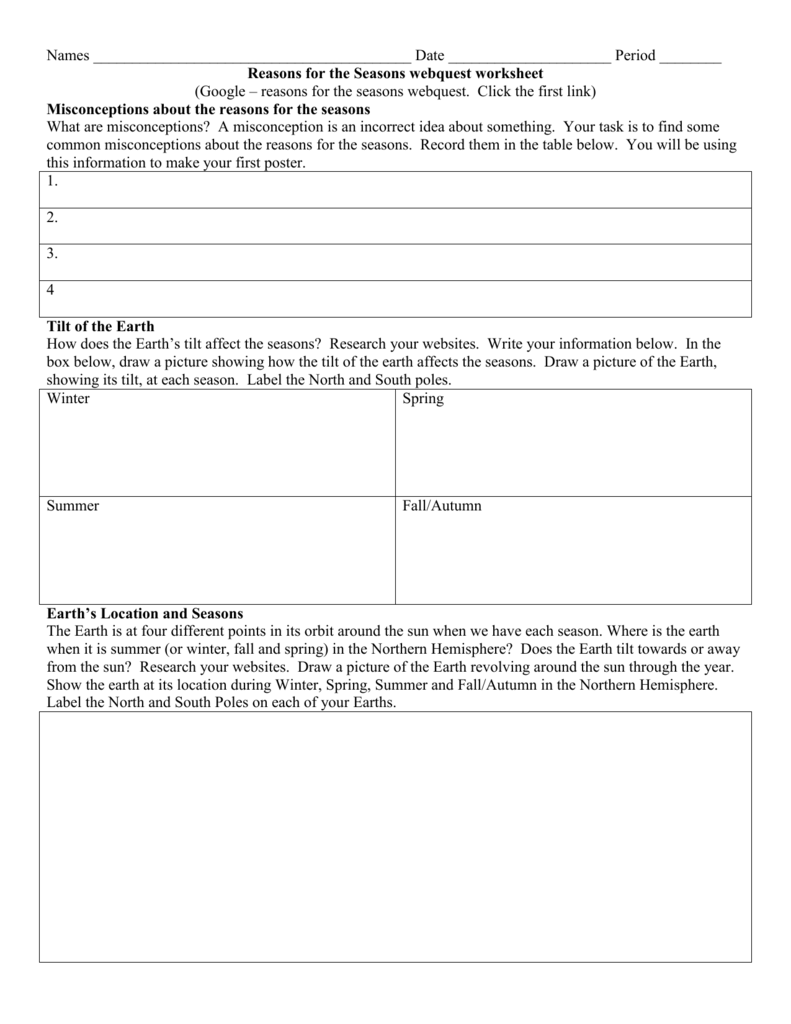 Reason for the Seasons In Reasons For Seasons Worksheet