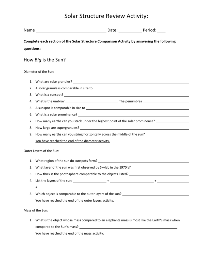 Solar Comparision worksheet Inside Layers Of The Sun Worksheet