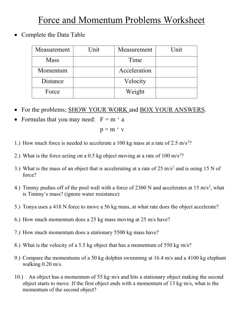 Force and Momentum Problems Worksheet