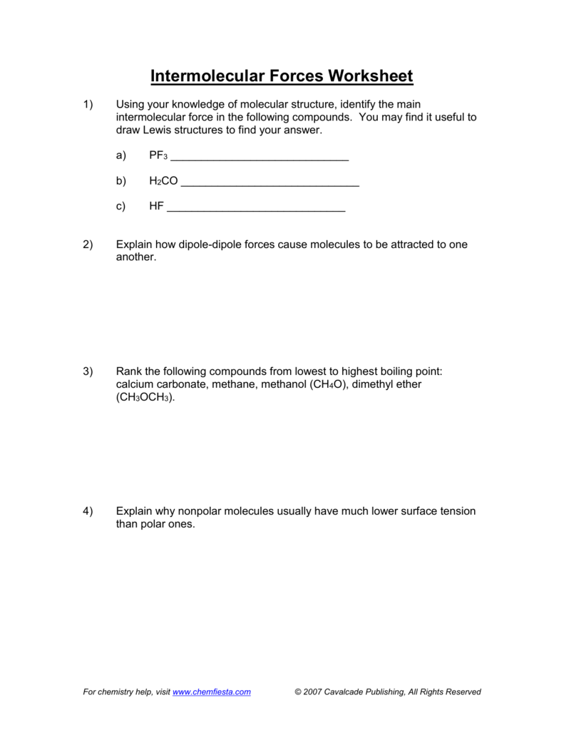 Intermolecular Forces Worksheet Answers Intermolecular Forces