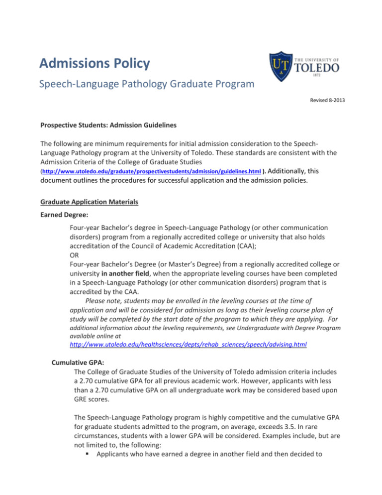 Admissions Policy University of Toledo