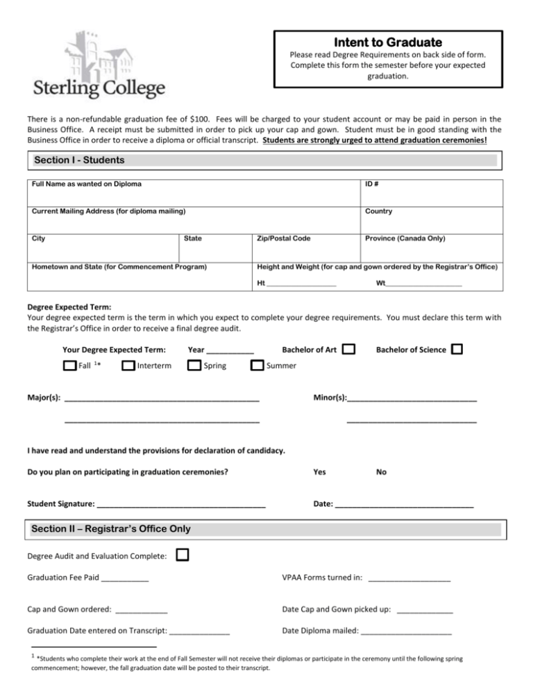 Intent To Graduate Form