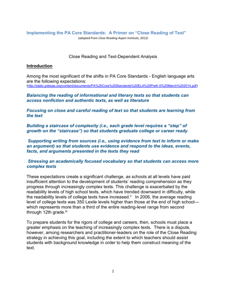 pa core standards ela prek 5 pennsylvania department of