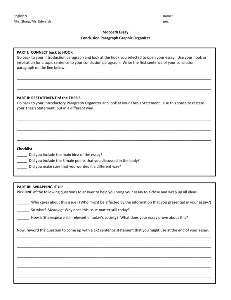 Conclusion Paragraph Graphic Organizer