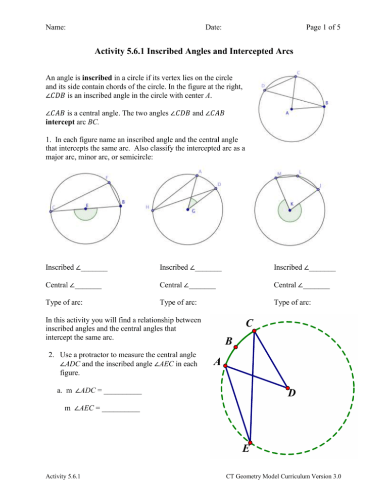 Activity 5 6 1 Inscribed Angles And Intercepted Arcs